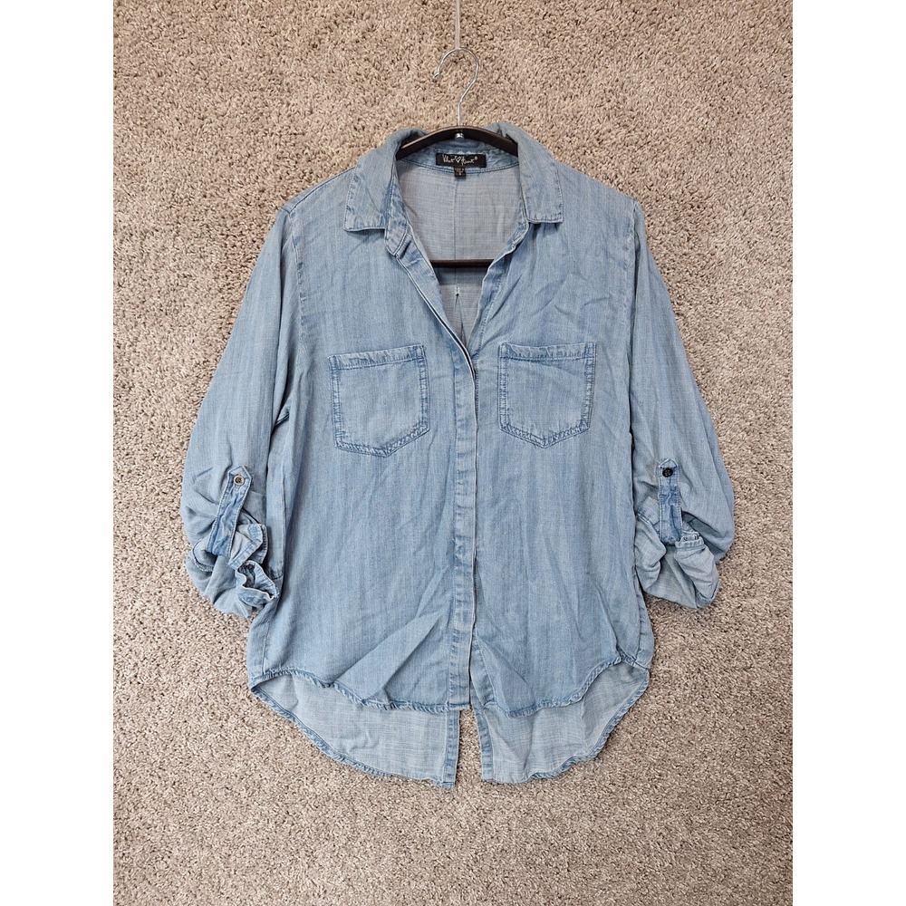 Velvet Heart Shirt Womens Small Blue Double Pockets Roll Tab Sleeve 100% Tencel